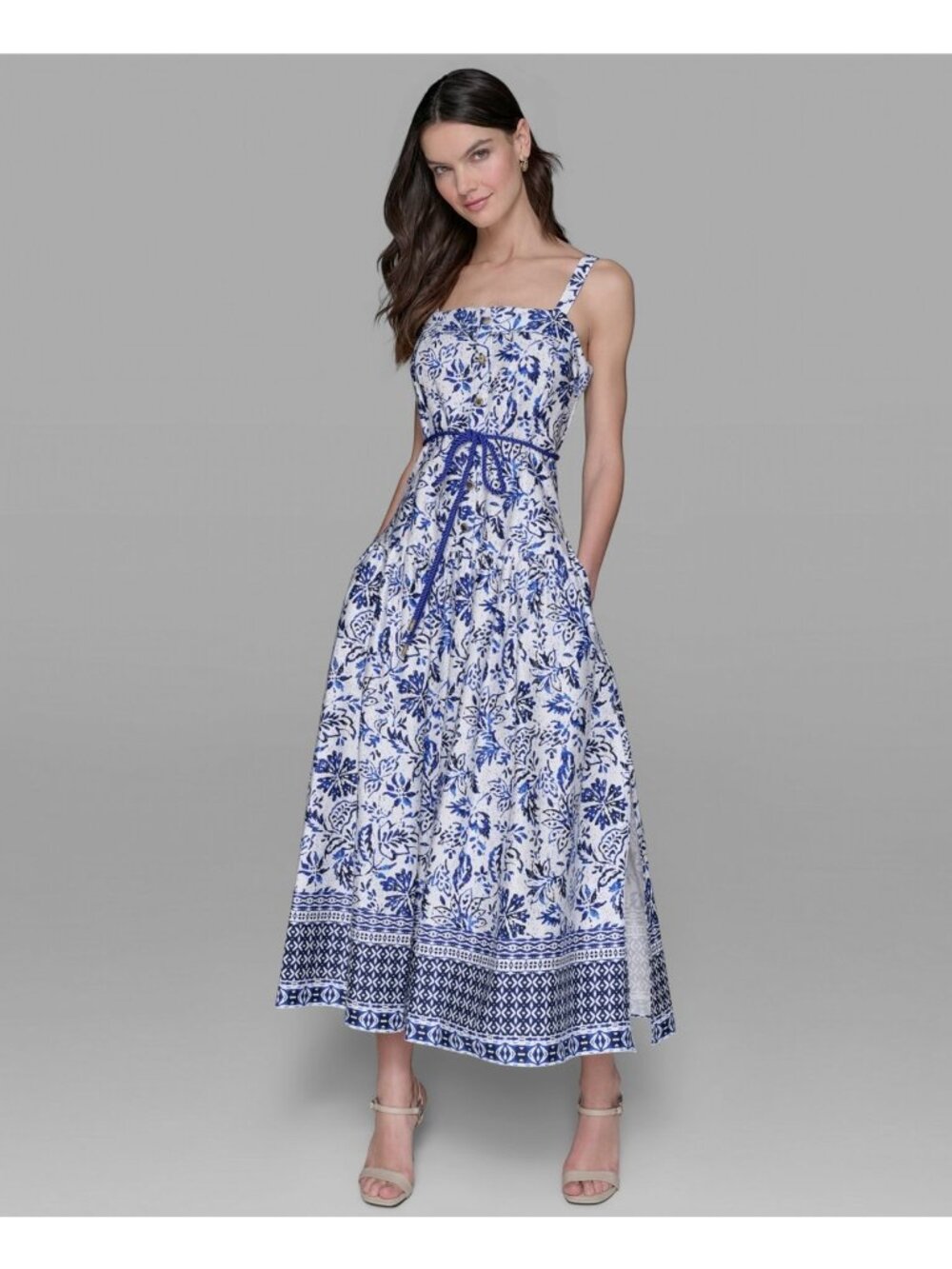 KARL LAGERFELD PARIS Floral-Print Square-Neck Midi Dress Blue Size 0 MSRP $168